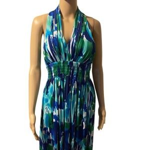 Halter Maxi Dress Blue Green White‎ Abstract Print Sleeveless Summer
